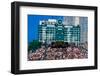 Long view of scoreboard and full bleachers during a professional baseball game, Wrigley Field, I...-null-Framed Photographic Print