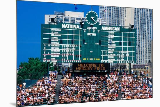 Long view of scoreboard and full bleachers during a professional baseball game, Wrigley Field, I...-null-Mounted Premium Photographic Print