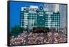 Long view of scoreboard and full bleachers during a professional baseball game, Wrigley Field, I...-null-Framed Stretched Canvas