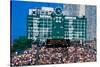 Long view of scoreboard and full bleachers during a professional baseball game, Wrigley Field, I...-null-Stretched Canvas