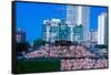 Long view of scoreboard and full bleachers during a professional baseball game, Wrigley Field, I...-null-Framed Stretched Canvas
