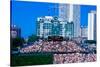 Long view of scoreboard and full bleachers during a professional baseball game, Wrigley Field, I...-null-Stretched Canvas