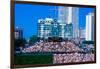 Long view of scoreboard and full bleachers during a professional baseball game, Wrigley Field, I...-null-Framed Premium Photographic Print