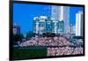 Long view of scoreboard and full bleachers during a professional baseball game, Wrigley Field, I...-null-Framed Premium Photographic Print