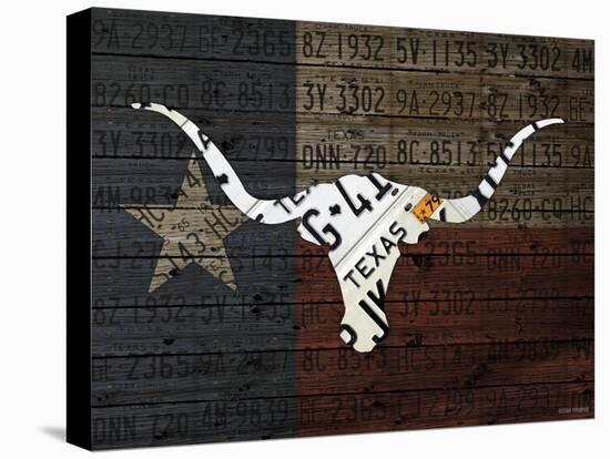 Longhorn Art with Flag-Design Turnpike-Stretched Canvas