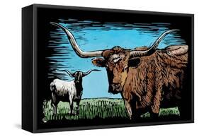 Longhorn - Scratchboard-Lantern Press-Framed Stretched Canvas