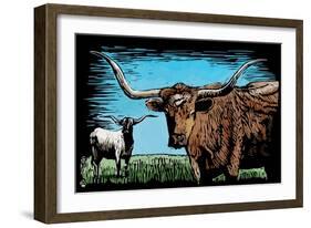 Longhorn - Scratchboard-Lantern Press-Framed Art Print