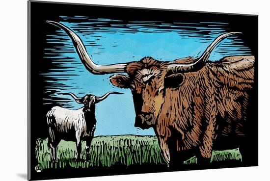 Longhorn - Scratchboard-Lantern Press-Mounted Art Print