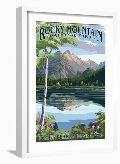 Longs Peak and Bear Lake Summer- Rocky Mountain National Park-Lantern Press-Framed Premium Giclee Print