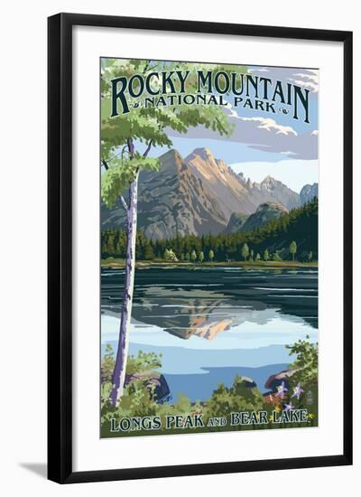 Longs Peak and Bear Lake Summer- Rocky Mountain National Park-Lantern Press-Framed Art Print