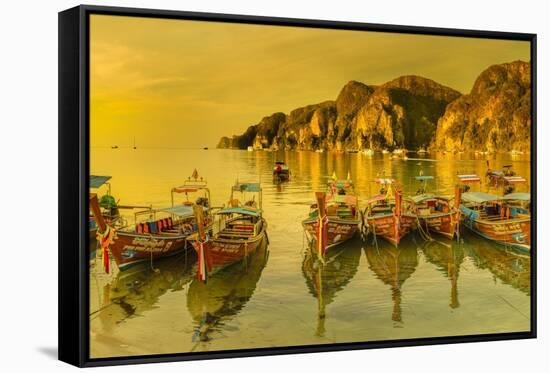 Longtail boats at sunrise, Ko Phi Khi Don Island, Krabi, Thailand, Southeast Asia, Asia-Markus Lange-Framed Stretched Canvas