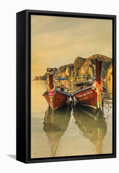 Longtail boats at sunrise, Ko Phi Khi Don Island, Krabi, Thailand, Southeast Asia, Asia-Markus Lange-Framed Stretched Canvas