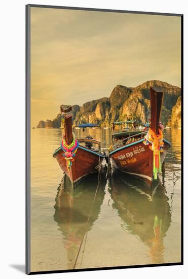 Longtail boats at sunrise, Ko Phi Khi Don Island, Krabi, Thailand, Southeast Asia, Asia-Markus Lange-Mounted Photographic Print