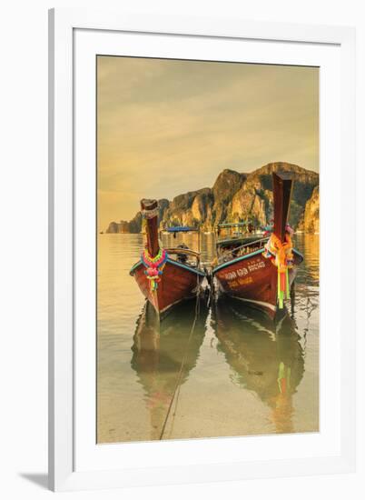 Longtail boats at sunrise, Ko Phi Khi Don Island, Krabi, Thailand, Southeast Asia, Asia-Markus Lange-Framed Photographic Print