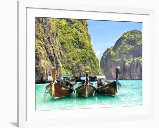 Longtail Boats in Maya Bay, Ko Phi Phi, Thailand-R.M. Nunes-Framed Photographic Print