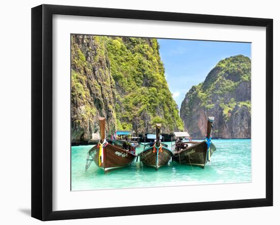 Longtail Boats in Maya Bay, Ko Phi Phi, Thailand-R.M. Nunes-Framed Photographic Print