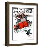 "Look Out Below" or "Downhill Daring" Saturday Evening Post Cover, January 9,1926-Norman Rockwell-Framed Giclee Print