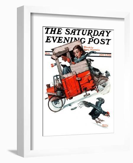 "Look Out Below" or "Downhill Daring" Saturday Evening Post Cover, January 9,1926-Norman Rockwell-Framed Giclee Print