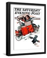 "Look Out Below" or "Downhill Daring" Saturday Evening Post Cover, January 9,1926-Norman Rockwell-Framed Giclee Print