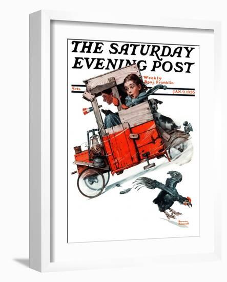 "Look Out Below" or "Downhill Daring" Saturday Evening Post Cover, January 9,1926-Norman Rockwell-Framed Giclee Print