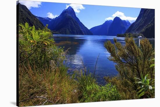 Looking across the Waters of Milford Sound Towards Mitre Peak on the South Island of New Zealand-Paul Dymond-Stretched Canvas