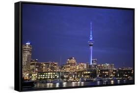 Looking across Waitemata Harbor and Sky Tower from Wynyard Quarter of Auckland, New Zealand-Paul Dymond-Framed Stretched Canvas