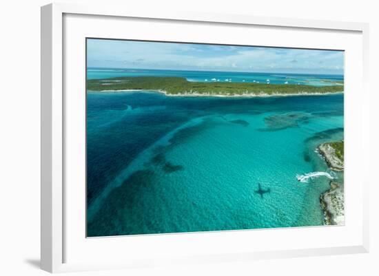 Looking Down at Airplane's Shadow, Jet Ski, Clear Tropical Water and Islands, Exuma Chain, Bahamas-James White-Framed Photographic Print