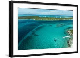 Looking Down at Airplane's Shadow, Jet Ski, Clear Tropical Water and Islands, Exuma Chain, Bahamas-James White-Framed Photographic Print