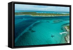 Looking Down at Airplane's Shadow, Jet Ski, Clear Tropical Water and Islands, Exuma Chain, Bahamas-James White-Framed Stretched Canvas