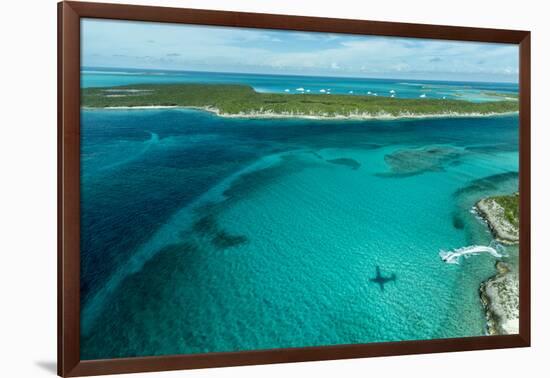 Looking Down at Airplane's Shadow, Jet Ski, Clear Tropical Water and Islands, Exuma Chain, Bahamas-James White-Framed Photographic Print