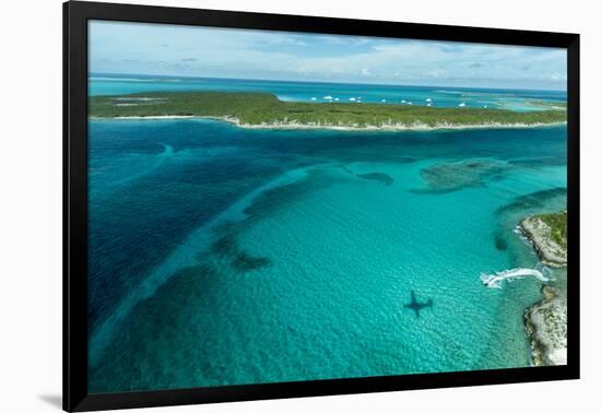 Looking Down at Airplane's Shadow, Jet Ski, Clear Tropical Water and Islands, Exuma Chain, Bahamas-James White-Framed Photographic Print