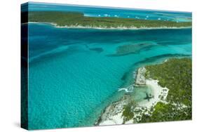 Looking Down at Airplane's Shadow, Jet Ski, Clear Tropical Water and Islands, Exuma Chain, Bahamas-James White-Stretched Canvas