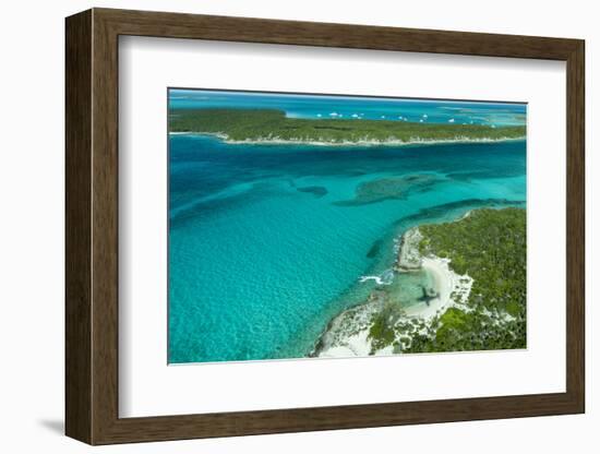 Looking Down at Airplane's Shadow, Jet Ski, Clear Tropical Water and Islands, Exuma Chain, Bahamas-James White-Framed Photographic Print