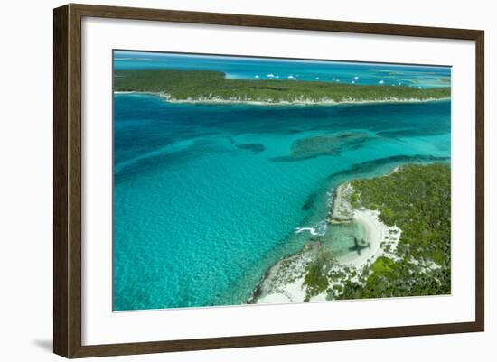 Looking Down at Airplane's Shadow, Jet Ski, Clear Tropical Water and Islands, Exuma Chain, Bahamas-James White-Framed Photographic Print