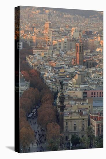 Looking Down the La Rambla from the Montjuic Cable Car in Barcelona, Spain-Paul Dymond-Stretched Canvas