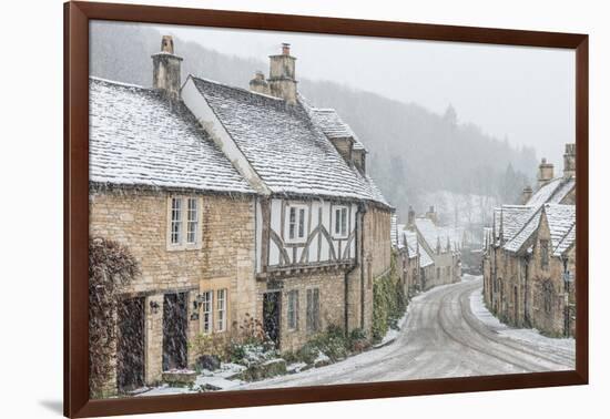 Looking down the quintessential English village of Castle Combe in the snow, Wiltshire, England, Un-Paul Porter-Framed Photographic Print