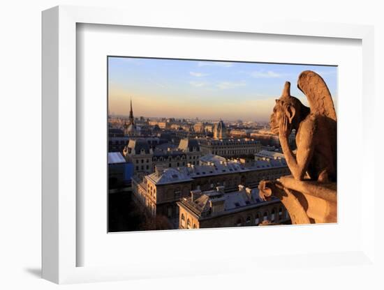 Looking Out over City, Paris, France from Roof, Notre Dame Cathedral with a Gargoyle in Foreground-Paul Dymond-Framed Photographic Print