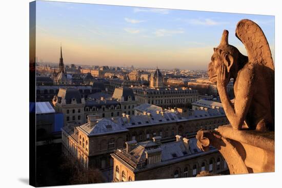 Looking Out over City, Paris, France from Roof, Notre Dame Cathedral with a Gargoyle in Foreground-Paul Dymond-Stretched Canvas