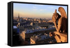 Looking Out over City, Paris, France from Roof, Notre Dame Cathedral with a Gargoyle in Foreground-Paul Dymond-Framed Stretched Canvas