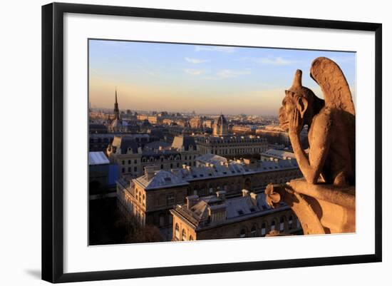 Looking Out over City, Paris, France from Roof, Notre Dame Cathedral with a Gargoyle in Foreground-Paul Dymond-Framed Photographic Print