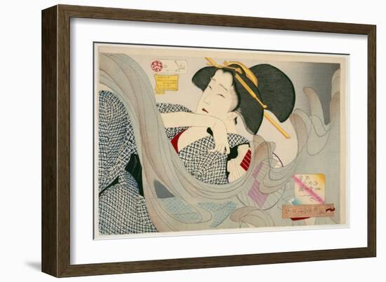 Looking Smoky. a Housewife of the Kyowa Era Kemuso Kyowa Nenkan Naishitsu No Fuzoku, 1880-Tsukioka Kinzaburo Yoshitoshi-Framed Giclee Print