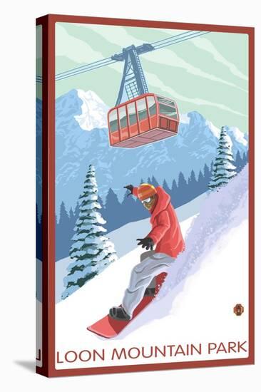 Loon Mountain Park - Snowboarder and Tram-Lantern Press-Stretched Canvas