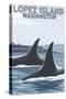 Lopez Island, WA - Orca Fins-Lantern Press-Stretched Canvas