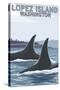 Lopez Island, WA - Orca Fins-Lantern Press-Stretched Canvas