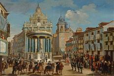 Adornment on the Puerta del Sol: motif representing Charles III entering Madrid-LORENZO QUIROS-Framed Stretched Canvas