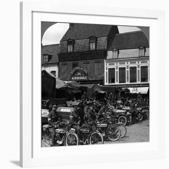 Lorries and Motorcycles of the Indian Army Corps, Merville, France, World War I, 1914-1918-null-Framed Photographic Print