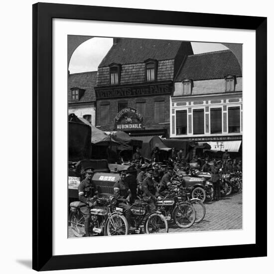 Lorries and Motorcycles of the Indian Army Corps, Merville, France, World War I, 1914-1918-null-Framed Photographic Print