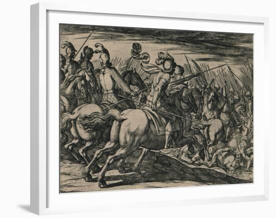 Los 200 cavalleros compañeros de los siete Infantes, cercados de la muchedumbre de los Moros...-null-Framed Giclee Print
