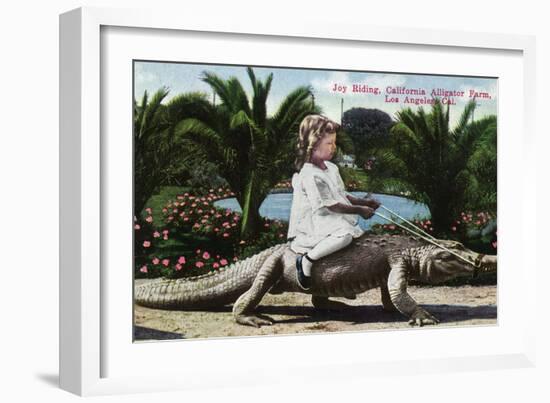 Los Angeles, California - Girl Riding Alligator at the Farm-Lantern Press-Framed Art Print