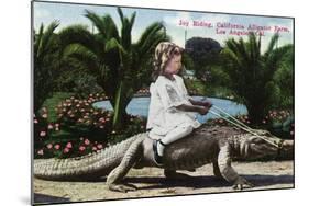 Los Angeles, California - Girl Riding Alligator at the Farm-Lantern Press-Mounted Art Print